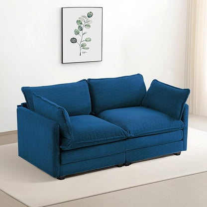 78'' Sectional Modular 2 Seat Cloud Loveseat, Oversized Love Seat 2 Seat Sofa with 2 Throw Pillows, Upholstered Corduroy Sofa Comfy Deep Couches for Living Room and Office, Blue