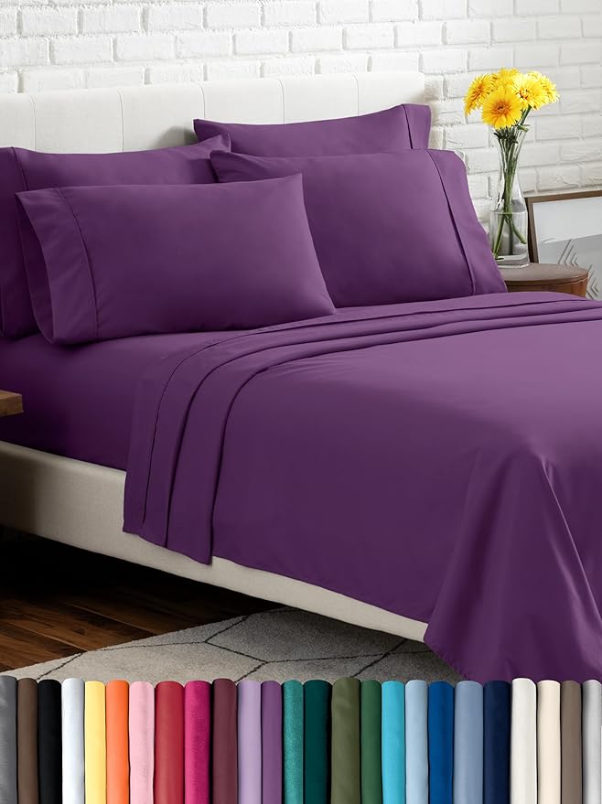 Bare Home Hotel Luxury Full Sheet Set, Extra Soft - 6 Piece Set - Deep Pockets - Easy Fit - Cooling & Breathable - Wrinkle, Fade, Stain Resistant - Includes 4 Pillowcases (Full, Plum)