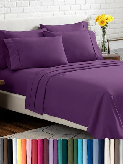 Bare Home Hotel Luxury King Sheet Set, Extra Soft - 6 Piece Set - Deep Pockets - Easy Fit - Cooling & Breathable - Wrinkle, Fade, Stain Resistant - Includes 4 Pillowcases (King, Plum)