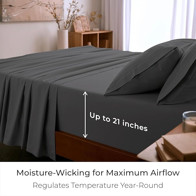Mellanni King Sheet Set - 6-Piece Iconic Collection Bedding, (Including 4 Pillowcases), 21-Inch Extra Deep Pocket, Easy Care, Ultra Soft, Cooling Sheets, Brushed Microfiber - Gray