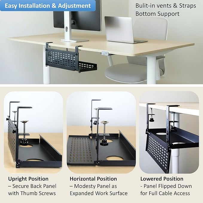 AEONS Universal Under Desk Cable Management Tray-Clamp Mount Hinged Swing Modesty Panel Organizer for Office Desks, Easy Access Flip-Down Position Power Strip Cord Storage No-Drill, 25 lb Capacity