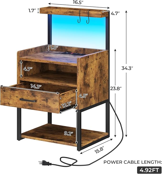 VIAGDO Nightstand with Charging Station and LED Lights, Rustic Brown Night Stand with Drawer, Modern End Side Table with Open Storage Shelves, Bedside Tables for Bedroom, Office