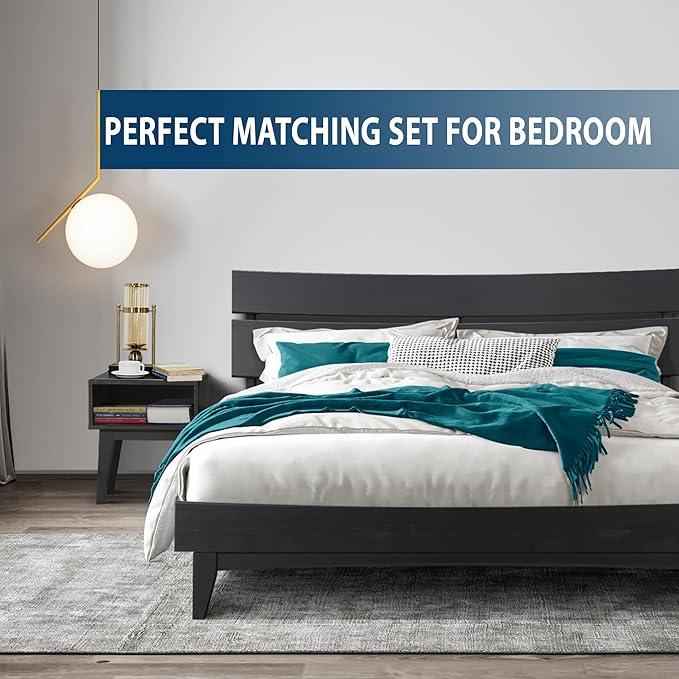 Acacia Aurora Queen Solid Wood Bed Frame with Headboard – Gift Matching Nightstand Included, Mid-Century Modern Farmhouse, Black Ristretto, 800 lbs Capacity, Sturdy, No Box Spring, Easy Assembly