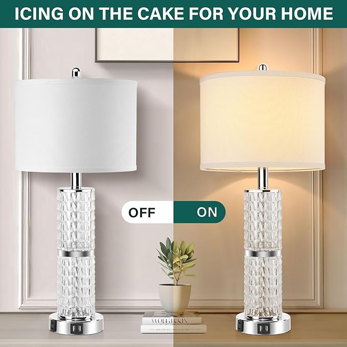 3-Way Touch Control Crystal Table Lamps Set of 2, Silver Modern Bedside Lamp with 2 USB Ports & AC Outlets for Living Room, 26' Tall Desk Lamps with White Drum Shade for Bedroom, 2 Free Bulbs Included