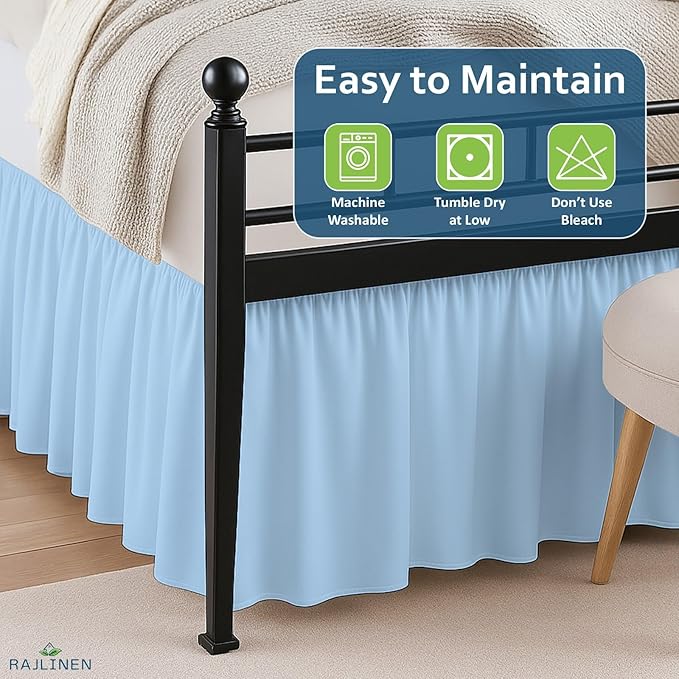 Rajlinen Ruffled Bed Skirt Full, 16 Inch Drop Dust Ruffle with Split Corners, 100% Microfiber Bedskirt with Platform, Three-Sided Coverage Ruffled Gathering Design, Light Blue