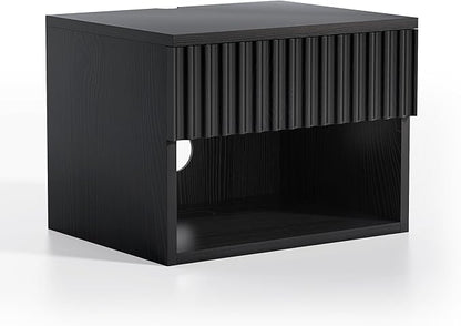 Floating TV Stands Set of 4 with Drawer and Open Shelf, Small Wall Mounted Bedside End Table, Modern Fluted Night Stand for Bedroom, Living Room, Black