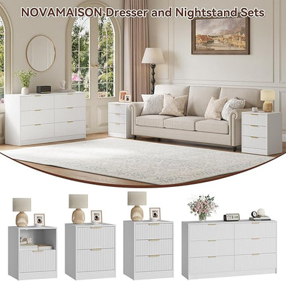 55" Long Dresser and Nightstand Set 3-Piece, 6 Drawer Dressers & Night Stand Set of 2 with Metal Handle, Fluted Modern Wood Chest of Drawers Storage Dressers Set for Bedroom, White