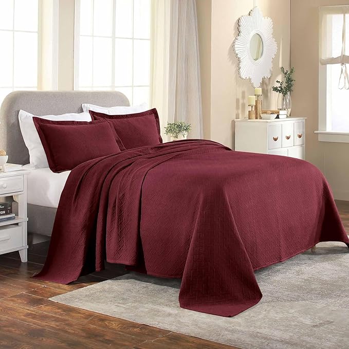 Superior 100% Cotton Basket Weave Bedspread with Shams, All-Season Premium Cotton Matelasse Jacquard Bedding, Quilted-Look Geometric Basket, Full, Garnet