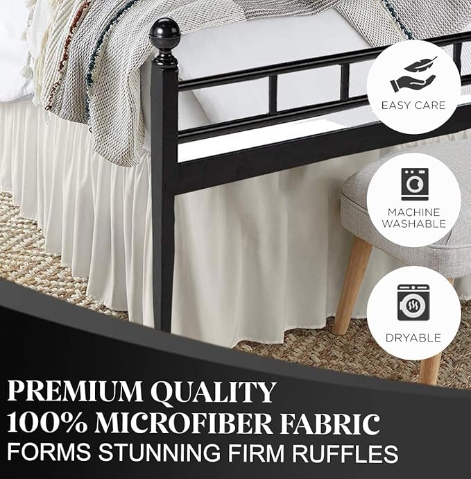 Ruffled Bed Skirt with Split Corners, Ivory, Twin 16 Inch Drop Bedskirt, Hotel Quality Brushed Microfiber Wrinkle Free Dust Ruffle Bed Skirt Twin Size