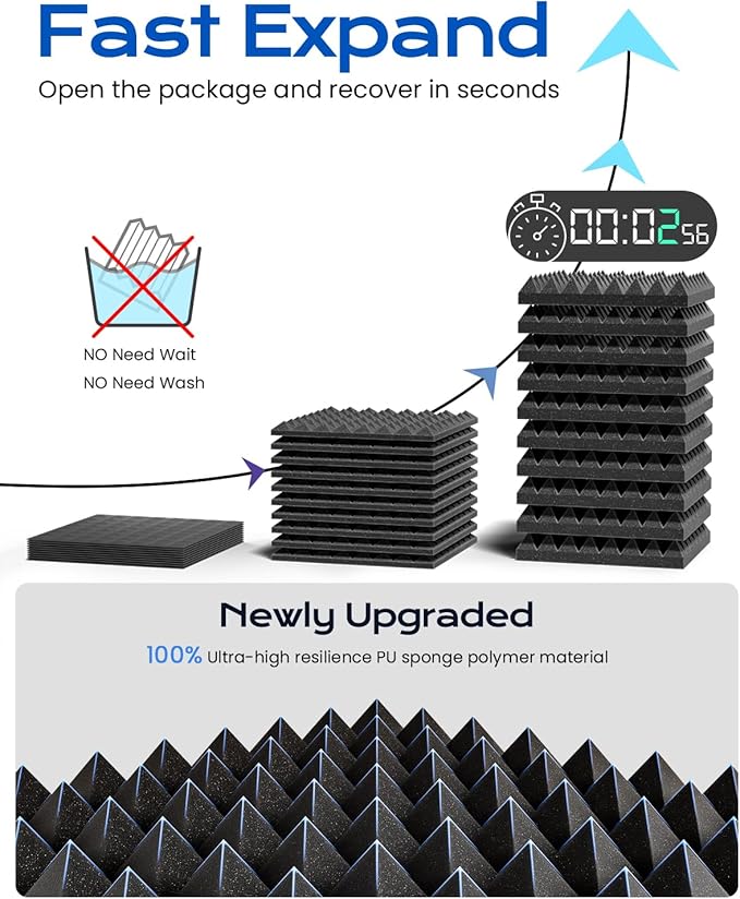 Sonicism Sound Proof Foam Panels for Walls Upgrade Self-Adhesive 16 Pack Pyramid 3"X12"X12" Acoustic Panels 35kg/m³High Density,Soundproof Wall Panels Fast Expand,Sound Absorption and Decoration,Black