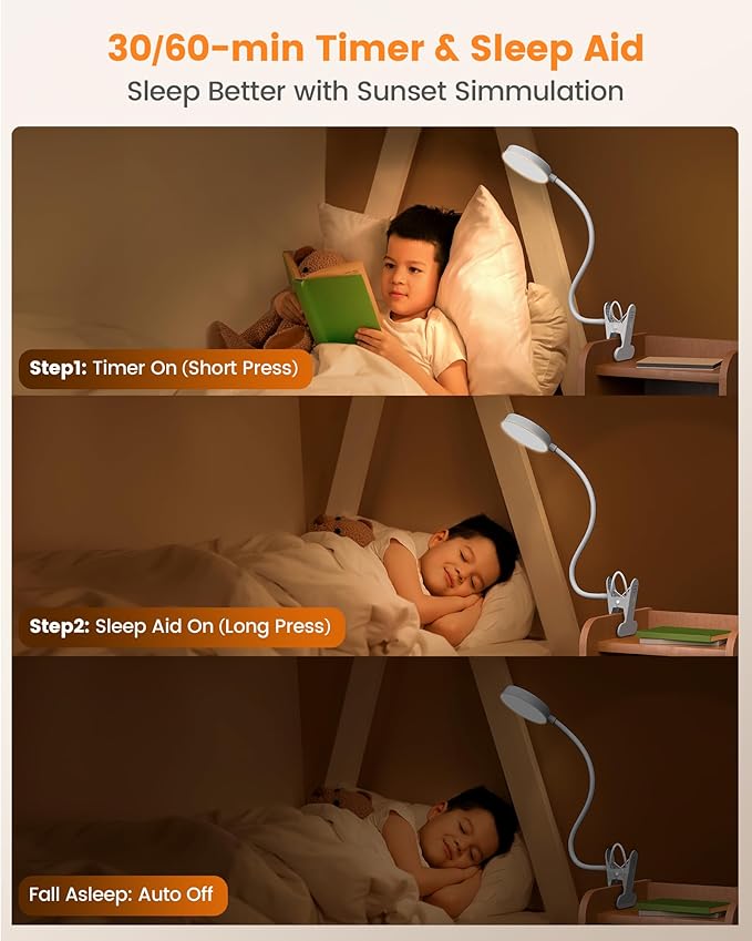 Glocusent 72 LED Clip on Lamp with Remote, Reading Light with Amber Ring, 3 Colors & 5 Dimmable Bed Lamp, 30/60-Min Auto Off Timer, Clamp Light for Headboard/Dorm/Bunk (White)