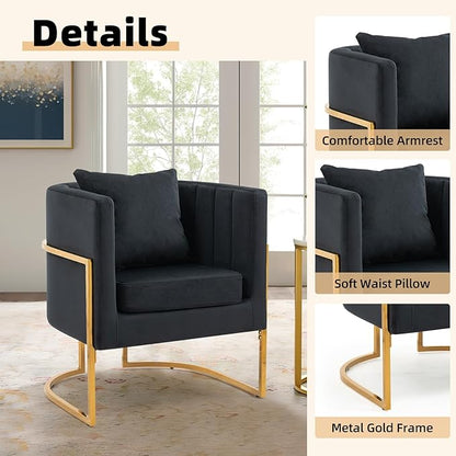 Velvet Modern Accent Chair, Upholstered Barrel Armchair Mid Century with Pillow for Living Room, Comfy Single Vanity Chair with Metal Gold Legs for Bedroom, Black