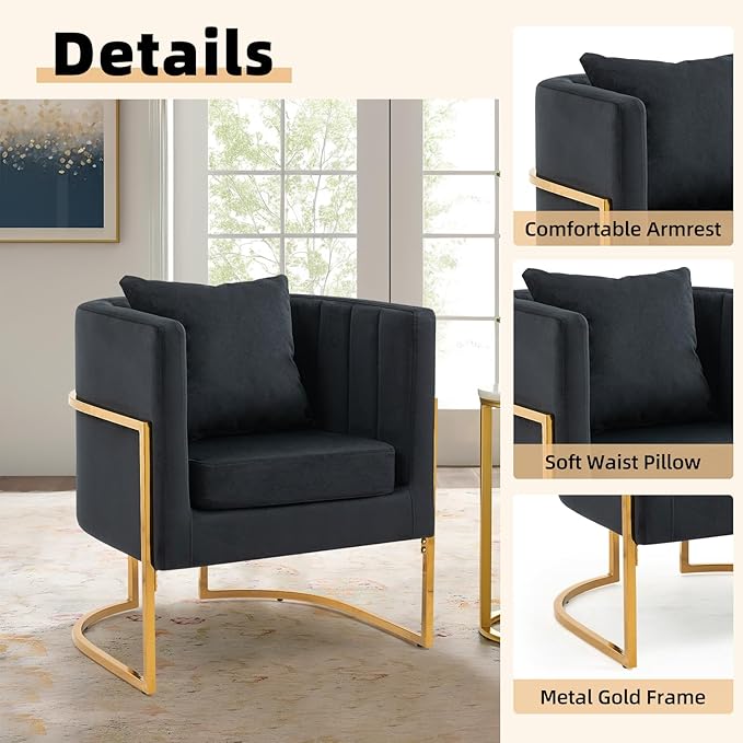 Velvet Modern Accent Chairs Set of 2, Upholstered Barrel Armchair Mid Century with Pillow for Living Room, Comfy Single Vanity Chair with Metal Gold Legs for Bedroom, Black