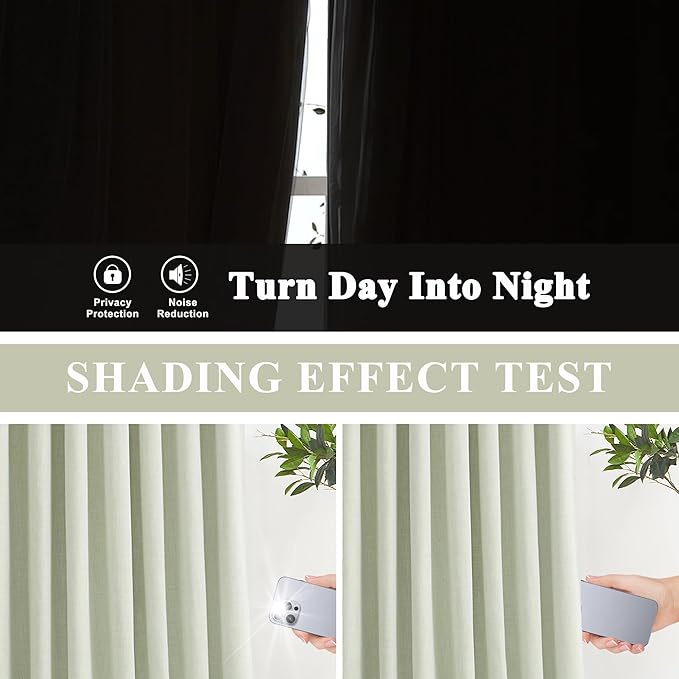 Vision Home Green Linen Full Blackout Curtains 95 inch Long for Bedroom Living Room Darkening Light Blocking Window Panels Thermal Insulated Rod Pocket Back Tab Neutral Drapes 56" Wx95 Lx2