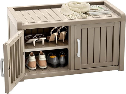ROJIK Shoe Cabinet Waterproof UV-Resistant,Storage Bench Indoor Outdoor with Adjustable Shelves,for Entryway Bedroom,Hallway,Living Room(Double Door,Grey)