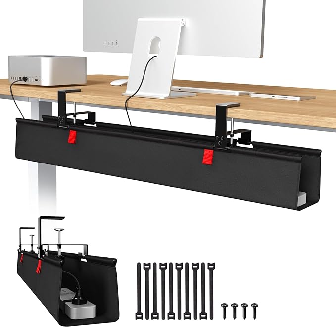 Univivi No Drill Under Desk Cable Management Tray, 36" Cord Organizer for Table, Clamp/Screw Mount Desk Cable Management, Premium Fabric Cable Management Tray for Office, Home