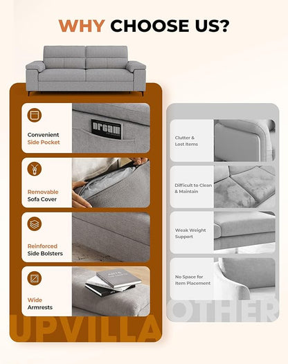 88.97" Modern Sofa Couches for Living Room, Deep Seat Sofas with 8”Cushion, Comfy 2-Seater Chenille Loveseat with Convertible Armrest, Removable Sofa Cover, High Leg(Light Gray)