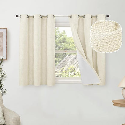 40 Inch Length Linen Blackout Curtains for Short Cafe Window, Thermal Insulated Light Blocking Soundproof Privacy Burlap Curtains 2 Panels, Each 38 Inch Wide Cream