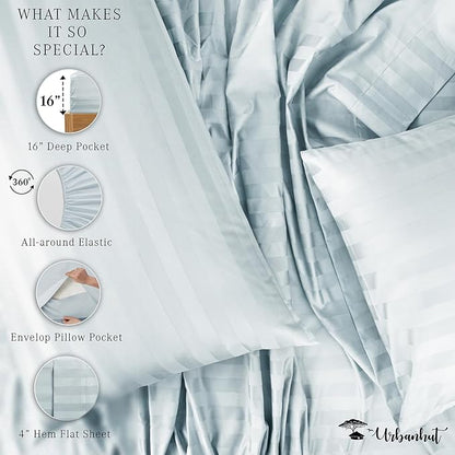 URBANHUT 800 Thread Count 100% Cotton Damask Twin Size Sheets, 4 Piece Striped Twin Size Bedsheets, Luxury Hotel Sheets Sateen Weave - Better Than Egyptian, 14" Elasticized Deep Pocket- Light Blue