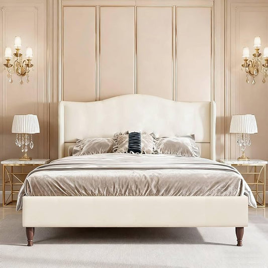 koorlian King Size Bed Frame Fully Upholstered Platform Bed with 51'' Tall Headboard, Sleigh Wingback and Solid Wood Retro Legs, Soft Fabric/Modern Minimalist Style/Easy Assembly, Beige
