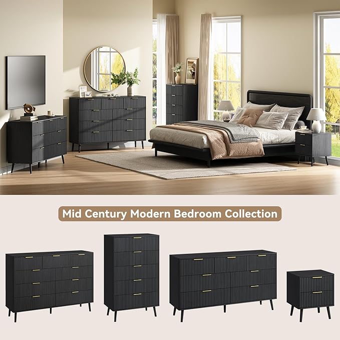 CARPETNAL Fluted 5 Drawers Dresser for Bedroom, 45" Tall Wooden Chest of Drawers with Rounded Corners, Gold Handles, Modern Storage Organizer for Bedroom, Hallway (Black)