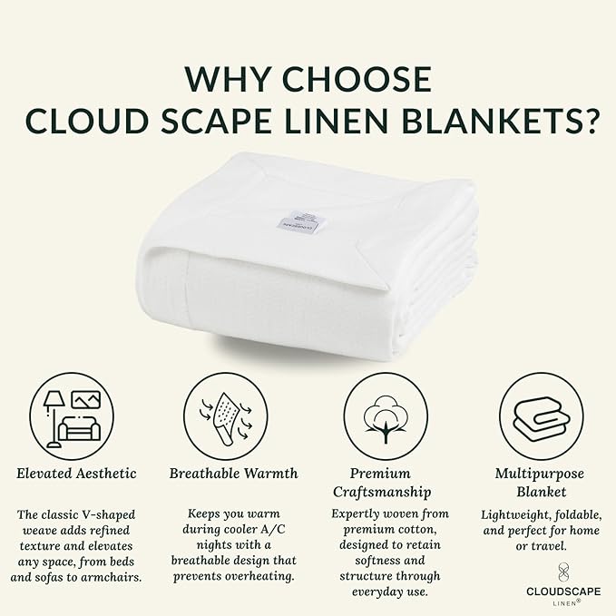Cloud Scape Linen 100% Cotton Throw Blanket 50x70 White, Luxury All-Season Warmth, Ultra Soft, Oversized Herringbone Gauze Blanket for Winter, Bed, Couch & Sofa Decor, Best Gift Idea