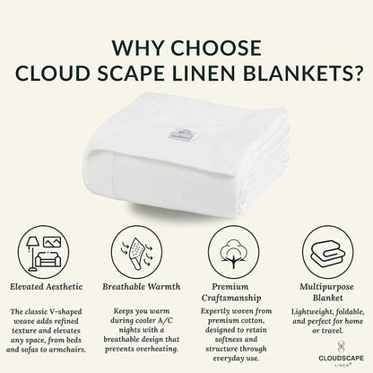 Cloud Scape Linen 100% Cotton Blanket King 92x108 White - Cozy Herringbone Weave, Fits Up to Cal King Beds, Breathable Softness, All-Season Warmth, Heavy Layering Winter Blanket