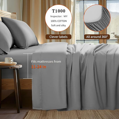 LBRO2M 100% Cotton Sheets Set Deep Pocket 24", 1000 Thread Count King Size 4 Piece Bed Sheet Sets Soft Comfortable Bedding All Season (King, Gray)