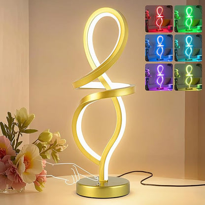 Mayful Modern RGB Table Lamp with LED Spiral Design, Gold Bedside Lamp & Nightstand Lamp, Touch Dimmable with 7 Colors & 10 Modes for Bedroom, Living Room, Home Office, 15W