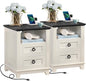 18" Farmhouse Night Stands Set of 2 with Charging Station, 2 Drawers End Table Dresser for Bedroom， Wooden Nightstand, Bed Side Table with Open Shelf, Bedside Cabinet for Living Room（White）