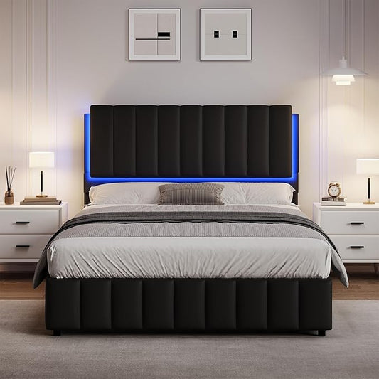 Queen Size Bed Frame with Headboard and LED Lights, Modern Upholstered Faux Leather Platform Bed with Wooden Slats Support, No Box Spring Needed, Easy Assembly, Black