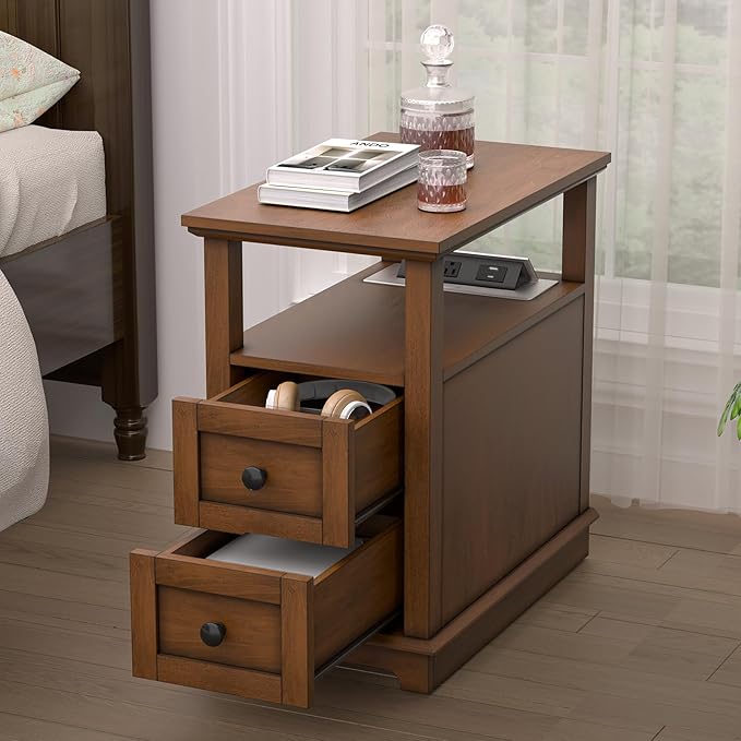 HIFYOBRO End Table with Flip Top Charging Station Set of 2, Narrow Side Table with 2 Drawers, Type-C & USB Port & Power outlets, Wooden Nightstand for Living Room and Bedroom