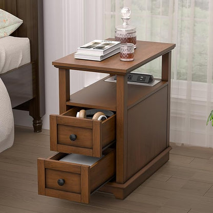 HIFYOBRO End Table with Flip Top Charging Station Set of 2, Narrow Side Table with 2 Drawers, Type-C & USB Port & Power outlets, Wooden Nightstand for Living Room and Bedroom