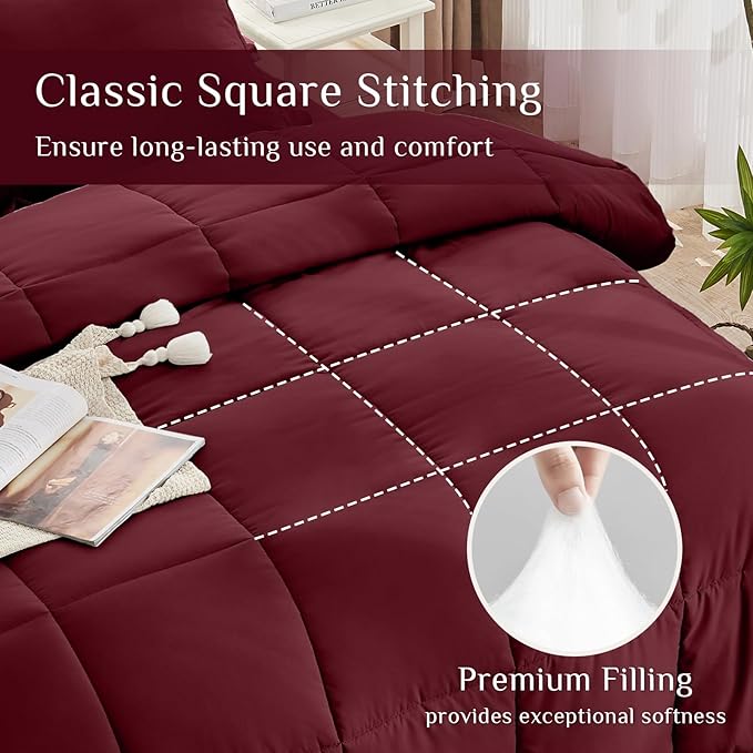 JOLLYVOGUE Full Comforter Set, Ultra-Soft Bed in a Bag Full Size 7 Pieces, Oeko-TEX Certified Bedding Set with Down Alternative Comforter, Sheets, Pillowcases & Shams, Burgundy
