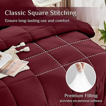 JOLLYVOGUE Full Comforter Set, Ultra-Soft Bed in a Bag Full Size 7 Pieces, Oeko-TEX Certified Bedding Set with Down Alternative Comforter, Sheets, Pillowcases & Shams, Burgundy