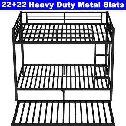 Upgraded Version Thicken Heavy Duty Metal Full Over Full Bunk Bed with Twin Size Trundle, Modern Style Stronger Full Size Bunk Bed Frame for Adults, Easy Assembly (Full)
