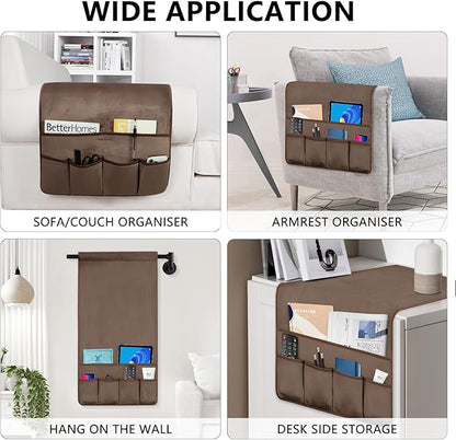 TV Remote Control Holder Couch Caddy, Non-slip Bedside Caddy Organizer with 5 Pockets for Key Glasses Phone Magazine Holders (Brown, 35''x18'')