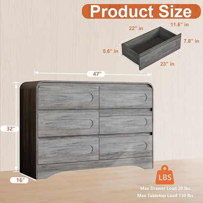Dresser for Bedroom with 6 Drawers, 47" Wide Modern Dressers & Chest of Drawers with Curved Profile Design, Wood Closet Clothes Storage Dressers Organizer for Bedroom Living Room Hallway, Grey