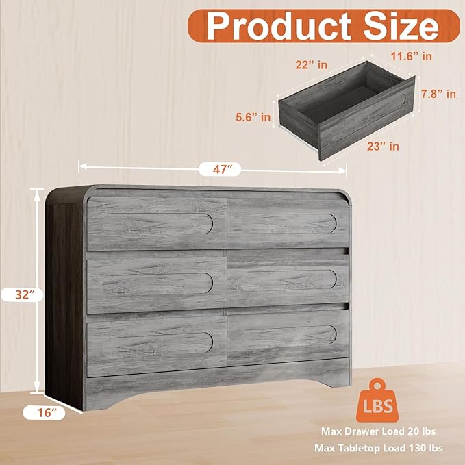 3 Piece Bedroom Set, Dresser and Nightstand Sets for Bedroom, Wood 6 Drawer Dresser & Night Stand Set of 2, Wide Chest of Drawers Modern Storage Cabinet Bedroom Furniture Set, Grey