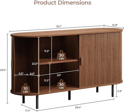 Buffet Cabinet with Storage, 55" Fluted Sideboard Buffet with Sliding Door, Coffee Bar Cabinet with Adjustable Shelf, Console Table, Accent Table for Entryway, Kitchen, Dining Room, Walnut