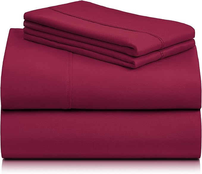 LuxClub 4 PC Full Sheet Set, Deep Pockets Wrinkle Free Cooling Bed Sheets Hotel Bedding for Women, Men, Kids & Teens, Includes 1 Fitted Sheet, 1 Flat Sheet and 2 Pillowcases-Burgundy