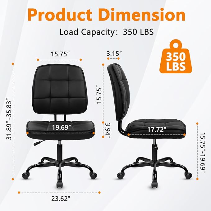 CLATINA Armless Home Office Chair with Lumbar Support and Wheels, Small PU Leather Ergonomic Low Back Desk Chairs No Arms, Adjustable Height 360° Swivel Rolling Computer Task Chair, Black, 2 Pack