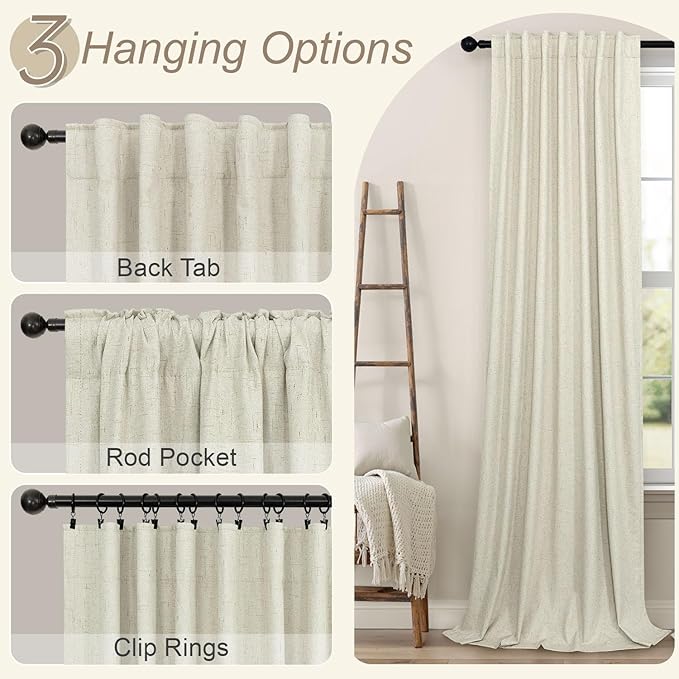 Pitalk Black Out 96 Inch Long Boho Curtains 2 Panel Set Farmhouse Curtain for Living Room Darkening Thermal Noise Reduction Textured Faux Linen Drape 8ft Back Tab Pocket Cream Beige 52x96 Floor Length