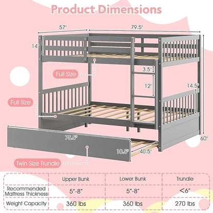 KOMFOTT Wood Full Over Full Bunk Bed with Trundle, Wooden Bed Frame with Ladder, Solid Wood Frame & Safety Guardrails, Space-Saving Bunk Bed for Teens & Adults, No Box Spring Needed