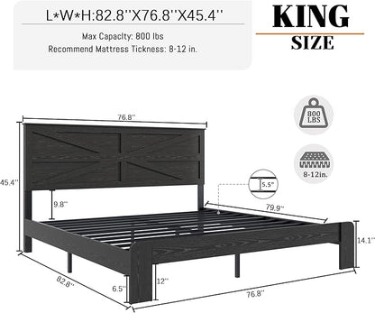 King Size Bed Frame with Farmhouse Headboard, Rustic Boho Wooden Bedframe with LED Lights and Charging Station, Easy Assembly, No Box Spring Needed (Black, King)