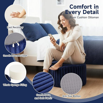 Tiita Round Stuffed Pouf Ottoman, Stripe Faux Fur Poufs with Foam Chunk Filling, Furry and Fluffy Pouf 21×21×12 inch Foot Stool Storage Ottoman,Puff Office Foot Rest for Couch Living Room, Navy Blue
