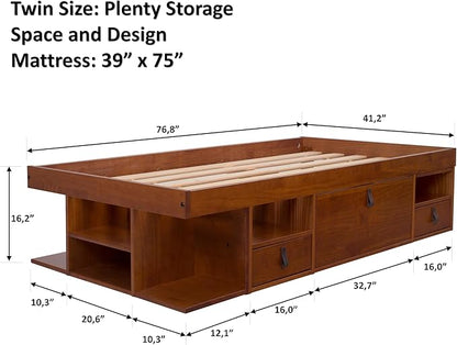 memomad Bali Storage Platform Bed with Drawers (Twin Size, Caramel Brown Wood)