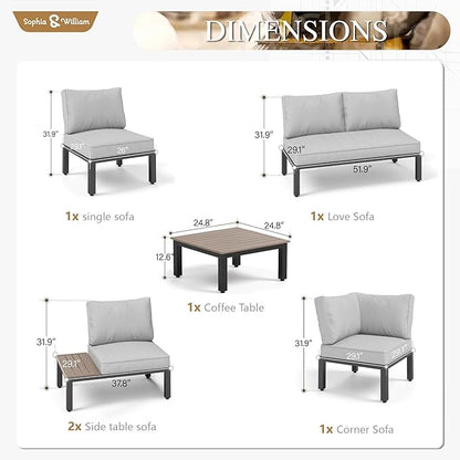 Sophia & William 6 Pieces Patio Furniture Set, Outdoor Metal Sectional Sofa, Patio Conversation Set-2 x Single Sofa with Side Table,1 x Loveseat,2 x Single Couch,1 x Tea Table(Beige Grey)