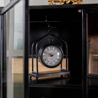 SOFFEE DESIGN 7.5'' x 10'' Mantel Clock Iron Tower Frame, Creative Bird Ornament Tabletop Clock, Silent Clock with Hollow Carved Back Cover for Home Decor, Black