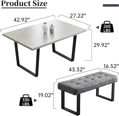 3 Piece Dining Table Set with Bench, 42.9 Inch Modern Kitchen Table with Left Seat Corner and 43.3 Inch Bench for Family Dining Room Furniture